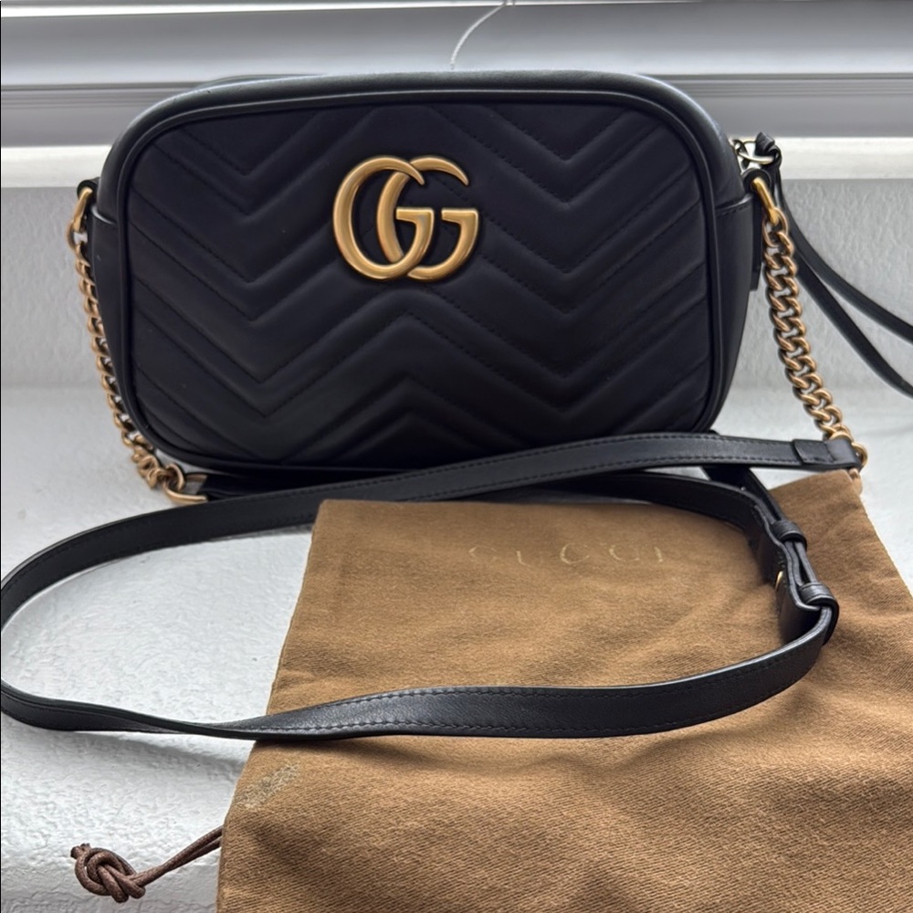 Gucci Black Quilted Crossbody Bag with Gold Logo